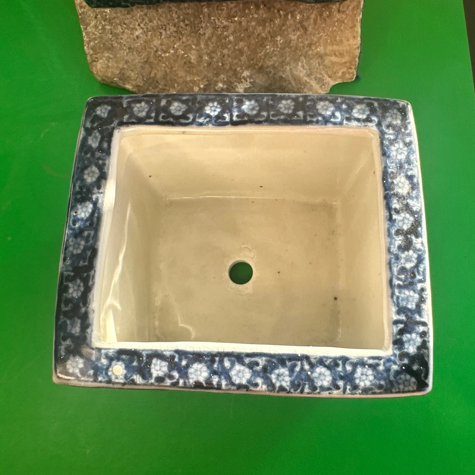 Bandeja de gotejamento antiga UW porcelana pote bonsai azul e branco 4,25”A x 5”x 6” - Imagem 3 de 4