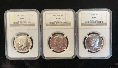 1965 - 1967 SMS 50c Kennedy Half Dollar NGC MS 66 Three Coin Lot