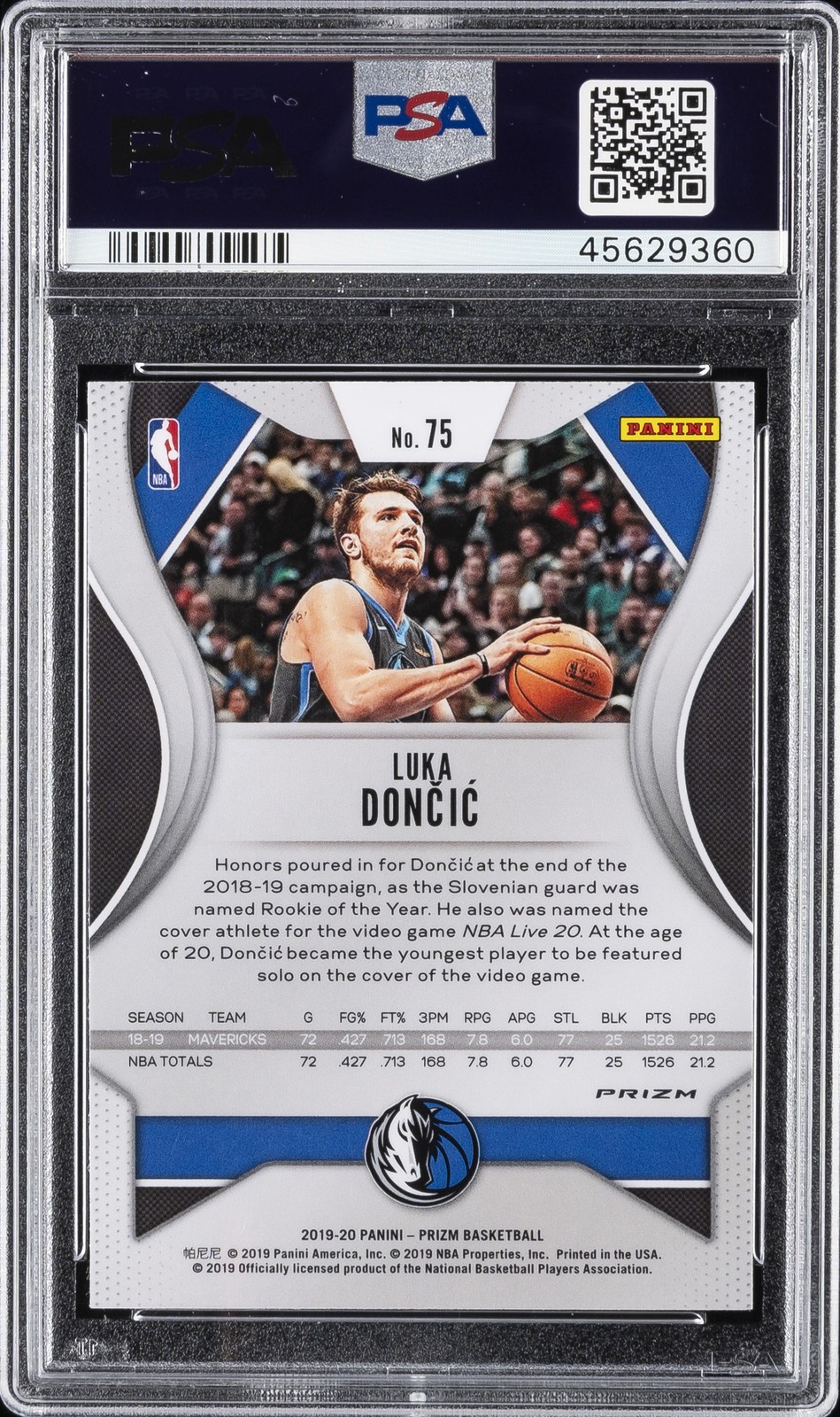 2019 PANINI PRIZM SILVER PRIZM #75 LUKA DONCIC PSA 9 view 2
