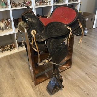 12" Western Kids Trail Saddle Black And Read Leather !READ DESCRIPTION!