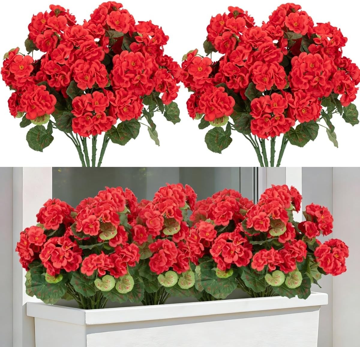 Laelfe 4 Bundles Artificial Red Geranium for Outdoors | UV Resistant, Faux Silk