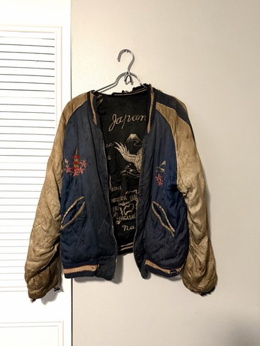 VTG 1950s Sukajan Souvenir Jacket Reversible Korean War Map Thrashed AS-IS