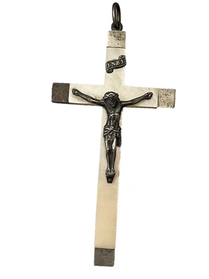 Ancienne Croix de Pèlerin  Nacre & métal MADELEINE en 1880 INRI Pilgrim cross - Photo 1/4