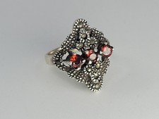 Sterling Silver Pyrope Garnet 3 Stone Ring Rhinestone Accents Size 5