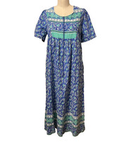 Vtg National House Dress Blue Grn Floral 100 Cotton Pockets Duster Size S