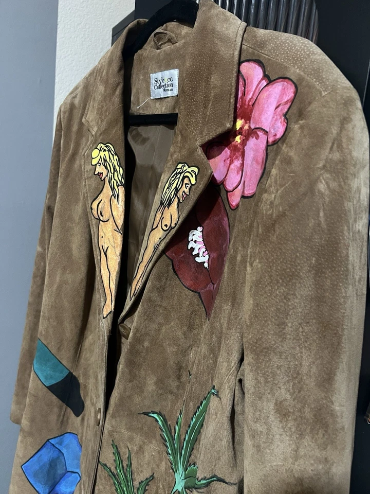 Blazer Abrigo Chaqueta Vintage Western Gamuza Pintado a Mano Unisex Talla Grande Foto 2 de 4