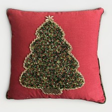 Pier One Vintage Small Beaded Christmas Tree Throw Pillow 13"x13" Holiday Decor
