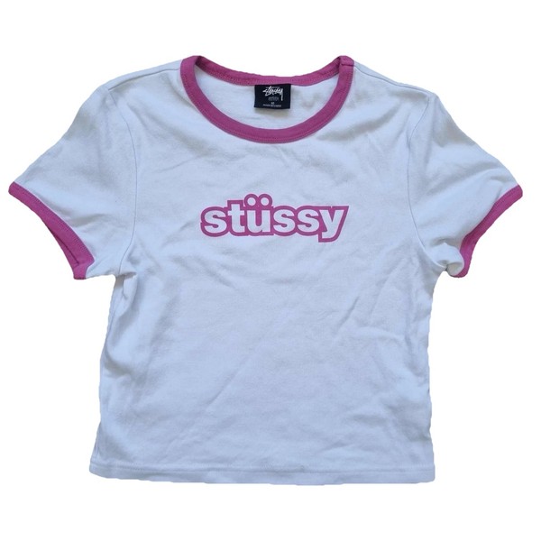 Stussy Women Sz 10 Y2K Pink Baby Tee Cropped T-Shirt Cotton Spell Out Logo