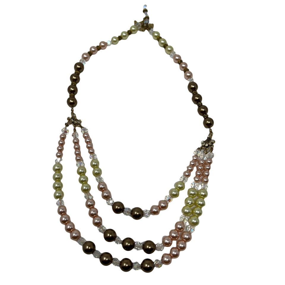 Pearl Necklace Earrings Multicolor Pink Yellow Gold Rhinestone Stations