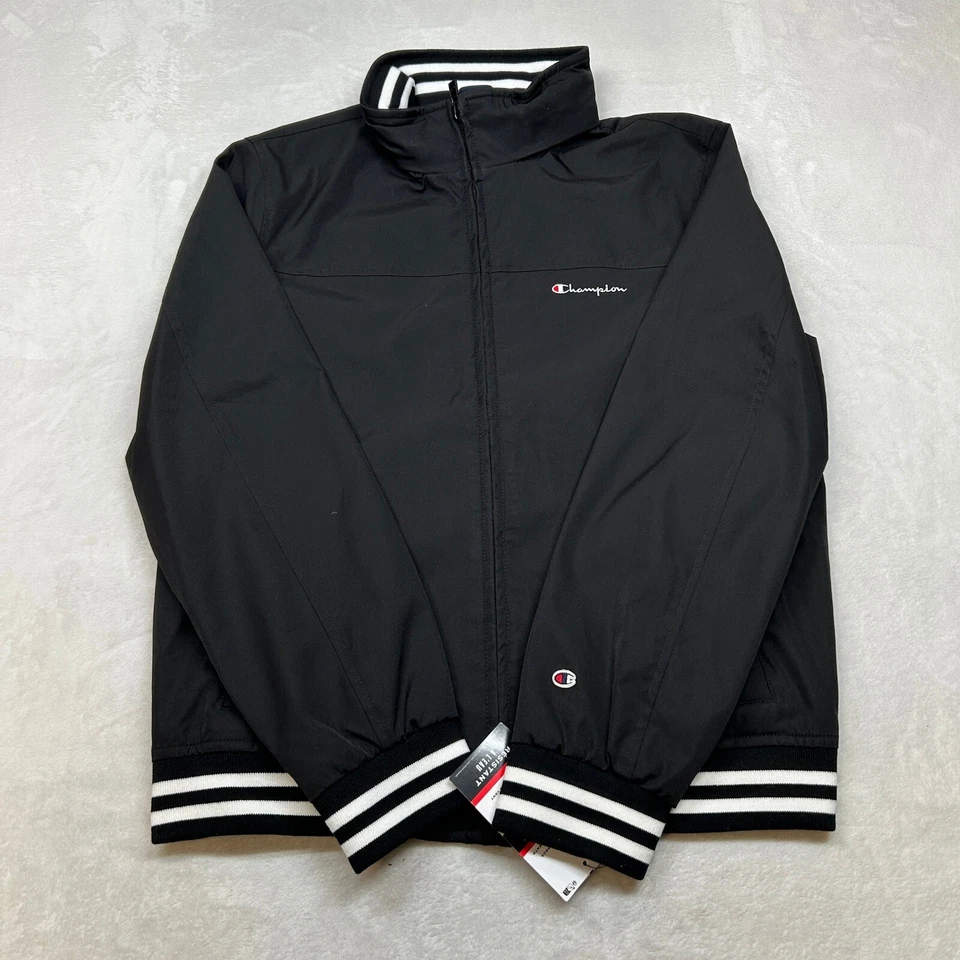 Chaqueta de bombardero Champion para hombre mediana negra cremallera completa cortavientos puños a rayas NUEVA Foto 2 de 4