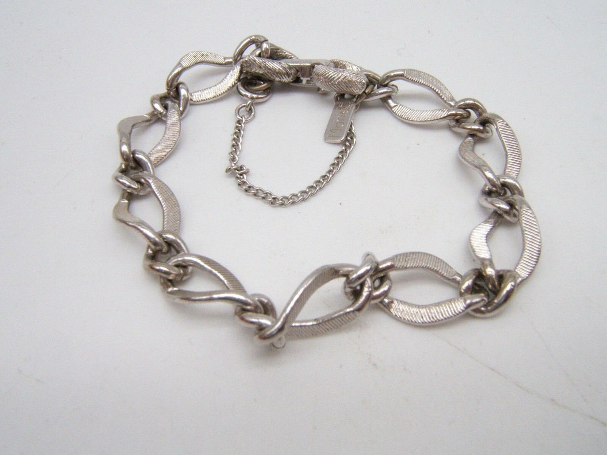 VINTAGE MONET SILVER TONE CHARM BRACELET TEXTURED LINKS SAFETY