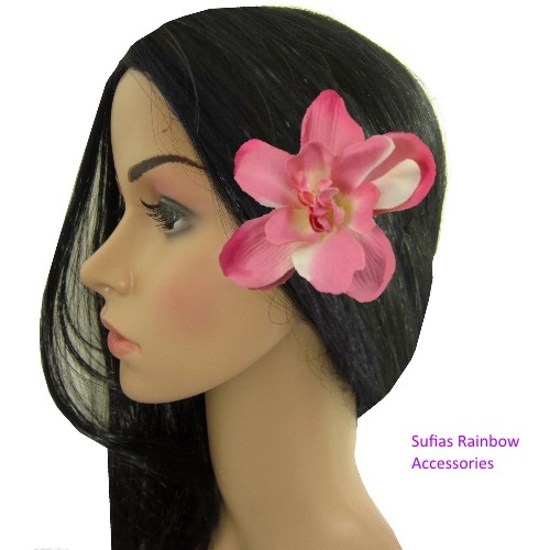 Rockabilly Orchid Peach Pink Hair Flower Grip Pin Slide Bridal