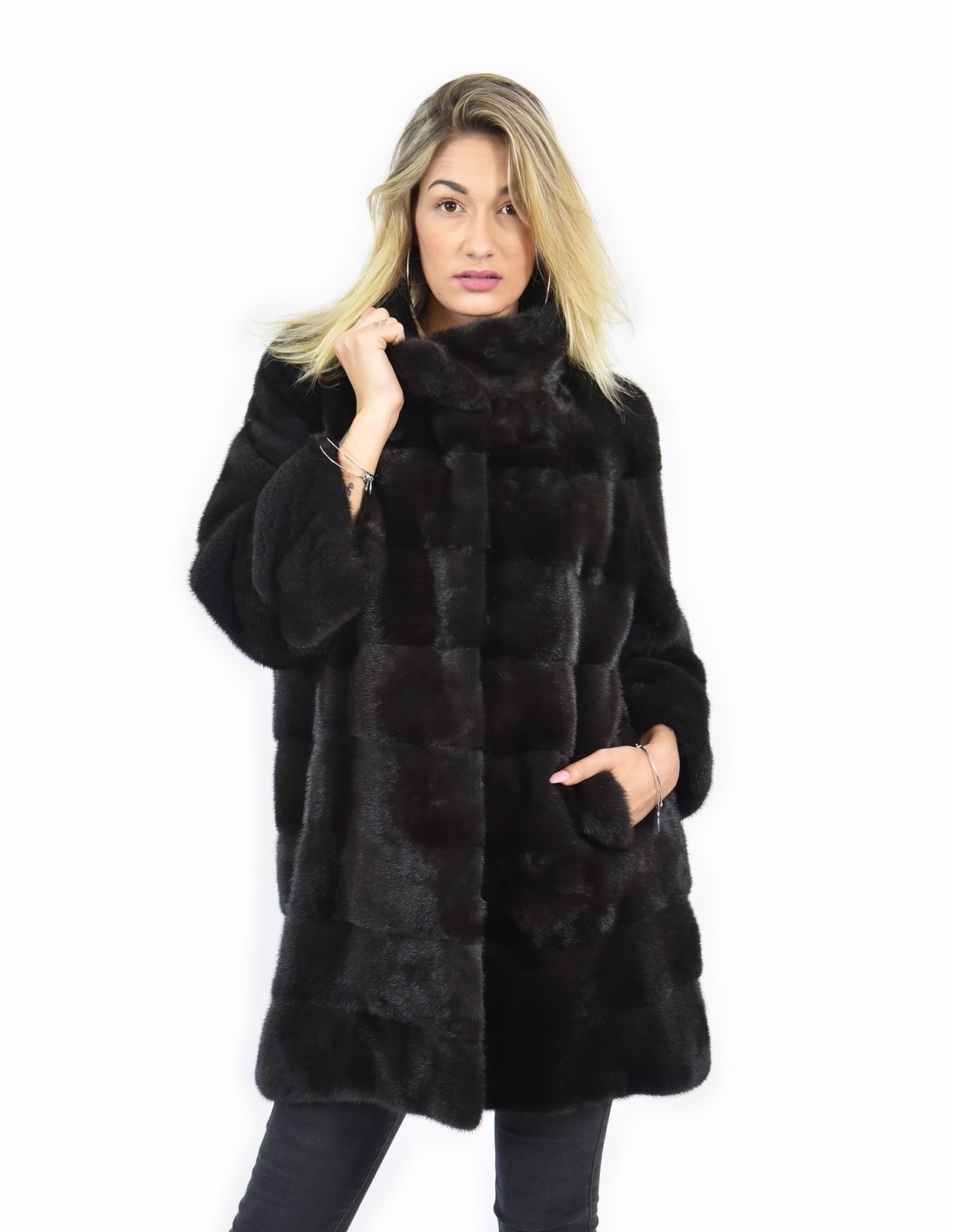 Mink coat size 46 in skin tone with graphite 3/4 sleeves