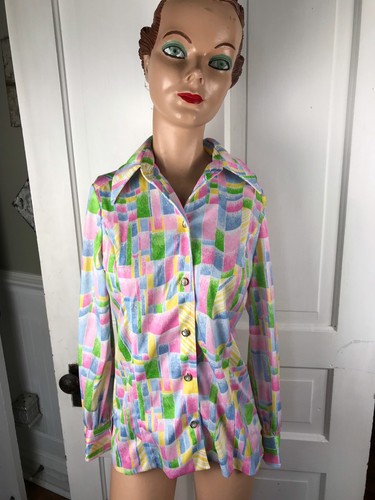 VINTAGE MARK VII LTD BLUE, GREEN, PINK & YELLOW ABSTRACT PRINT POLYESTER BLOUSE