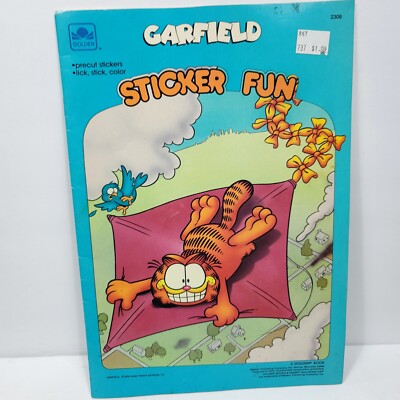 Vintage 1988 Garfield Sticker Fun Book Garfield On Kite Lick Stick Color NEW