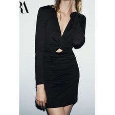 Zara Women's Black Long Sleeve Knotted Cut Off Front Bodycon Dress Size Large