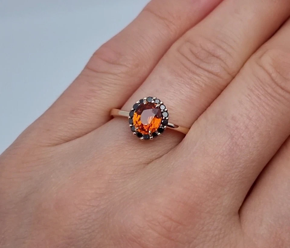 Certified Ring with Natural Spessartine and Black Diamonds gems, Solid 14Karat - Image 2 of 4