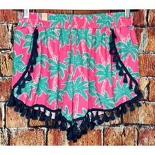 Simply Southern Tassel Palm Tree Printed Pink Green Shorts S/M