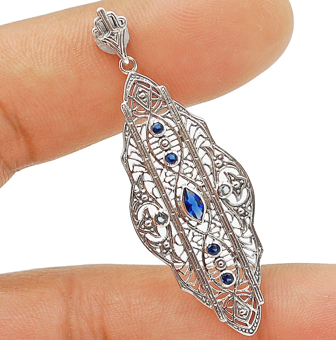 1CT Treated Blue Sapphire 925 Sterling Silver Victorian Style Pendant AB1168