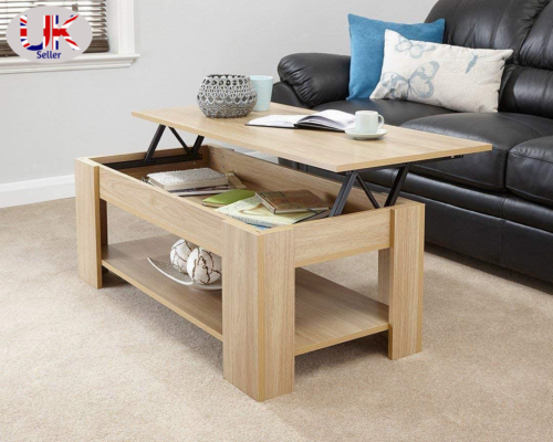 Wooden Coffee Table Lift Top Up With Storage Shelf Living Room Furniture Oak - Picture 4 of 6