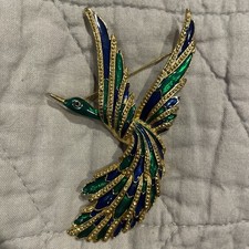 Large 3.5 Inch Beautiful Bird of Paradise Brooch Shining Blue & Green Enamel