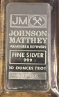Johnson Matthey JM 10 oz ounces Troy .999 Fine Silver Bar- Free Shipping