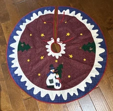 Christmas Tree Skirt Vintage Snowmen Felt Appliqué Red 42” Homemade