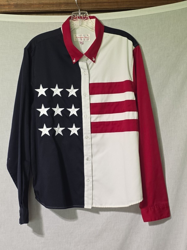 Vtg PANHANDLE SLIM Women Flag Design Shirt XL Red/white/navy LONG SLv  VGC