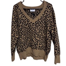 Old Navy Sweater Womens Size Large Leopard Print V-Neck Tan Black Cotton Blend