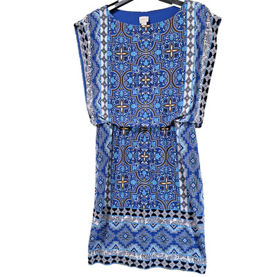 Chicos Blue Medallion Geometric Sheath Dress Petite US Medium 1P Stretch Knit