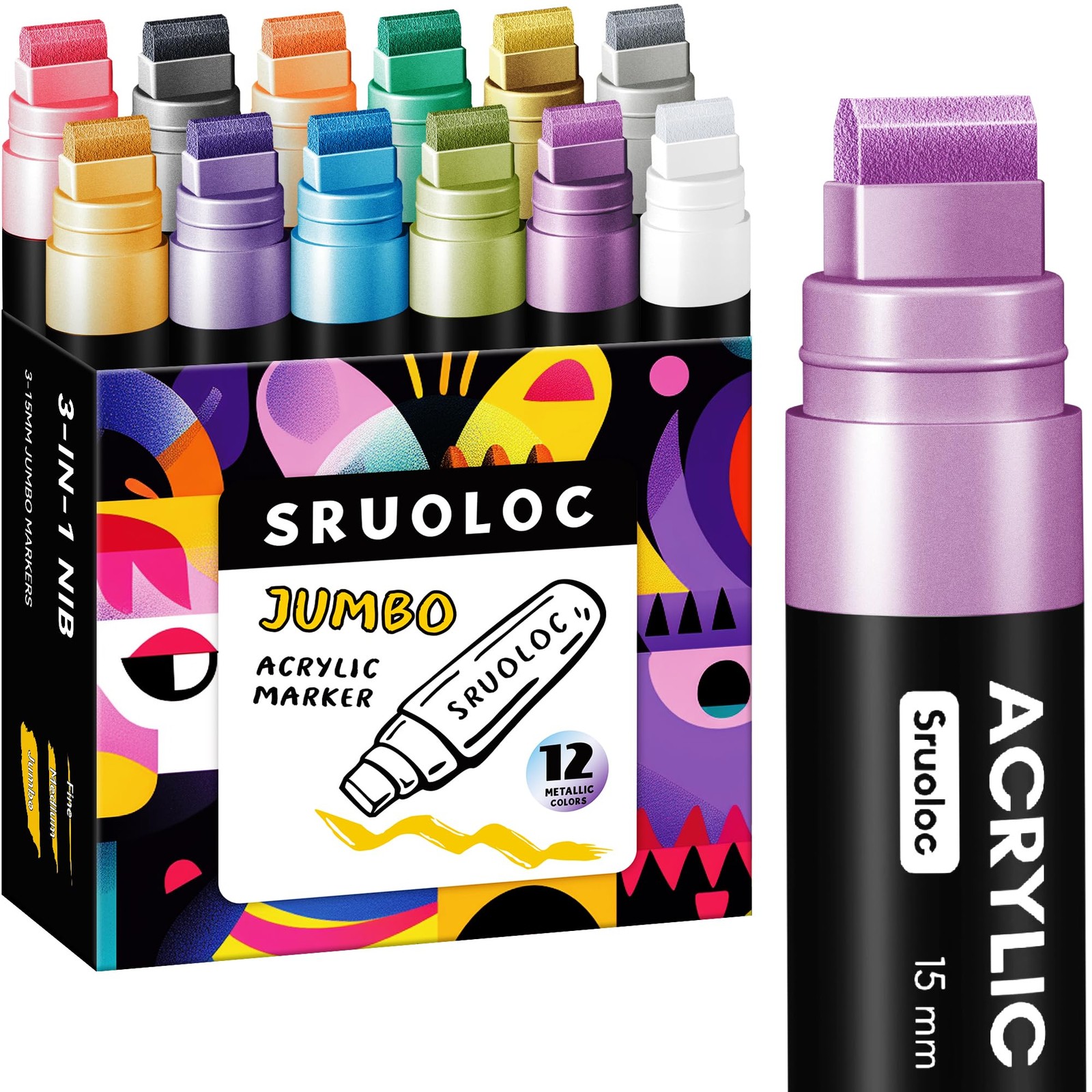 SRUOLOC 12 Metallic Colors Jumbo Markers, 15mm Jumbo Felt Tip, Acrylic Paint ...