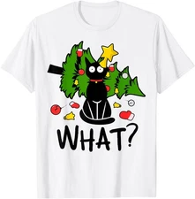 Funny Black Cat Christmas Tree Merry Xmas Humor Cat What? T-Shirt