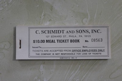 VINTAGE C. SCHMIDT AND SONS, INC PHILA, PA. MEAL TICKET BOOK.