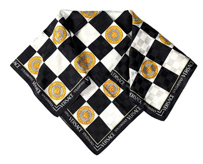 Versace Vintage Checkerboard Sun Print Scarf 53cm Black White Gold