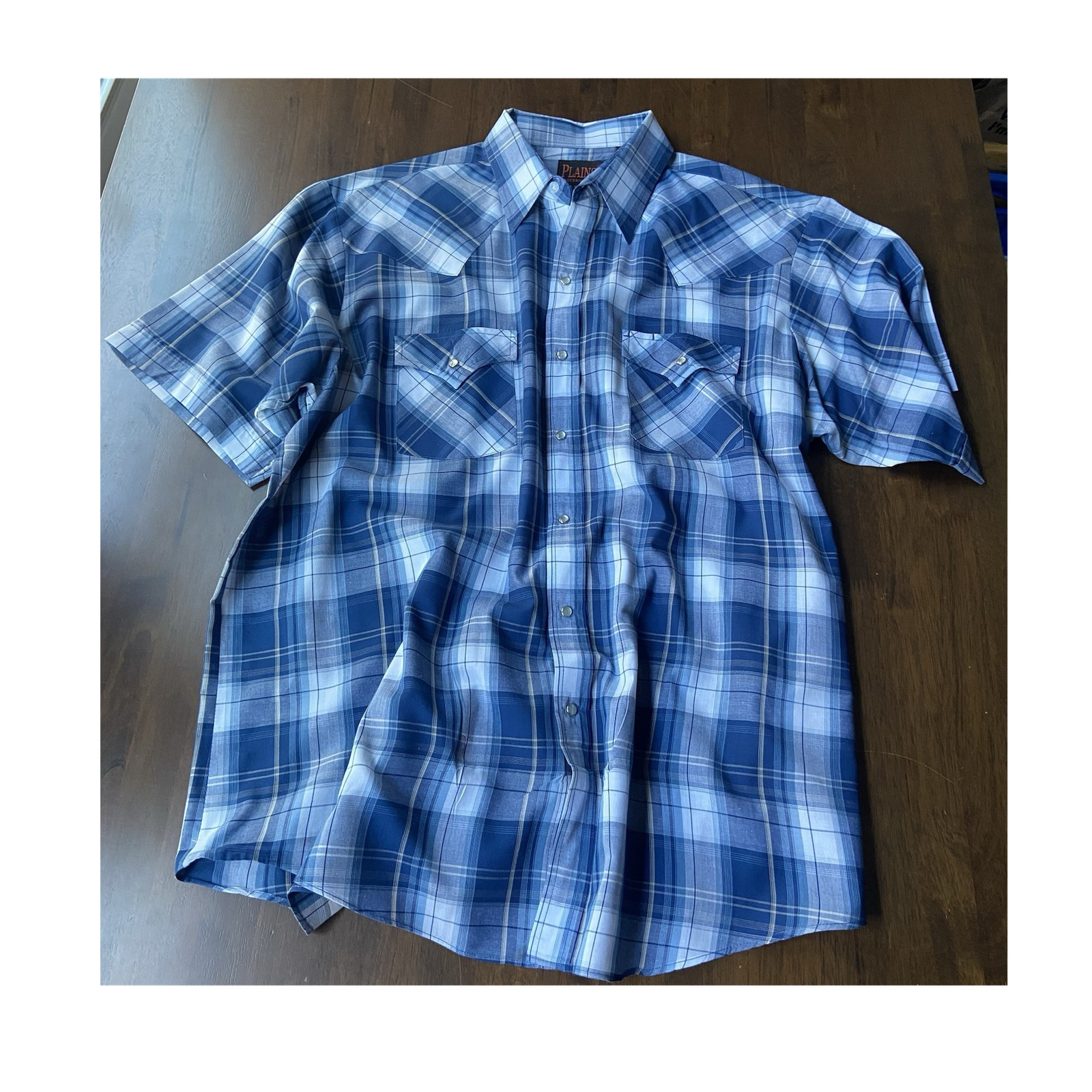 Plains Western Wear Shirt Mens XL Blue Plaid Pearl Snap Short Sleeve Cowboy Farm
