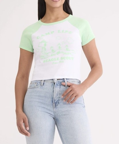 Peanuts Snoopy Camp Life Beagle Scout Junior's T-shirt White-Green  Multi-Size 