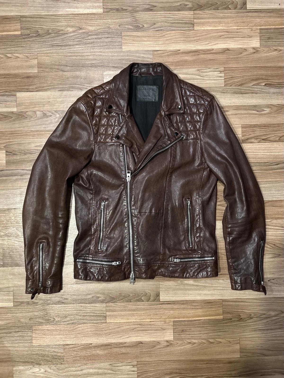 AllSaints Discontinued Leather Conroy Biker Jacket Oxblood Burgundy Men's Large - product detail image 1