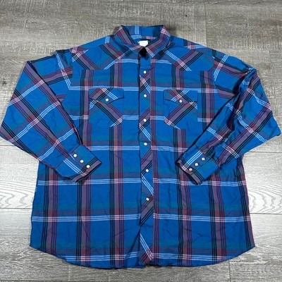 Wrangler Western Shirts Mens XXL Blue Plaid Pearl Snap Long Sleeve
