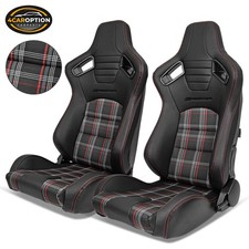 Universal Reclinable Racing Seat Dual Slider Pu Carbon Leather Red Plaid