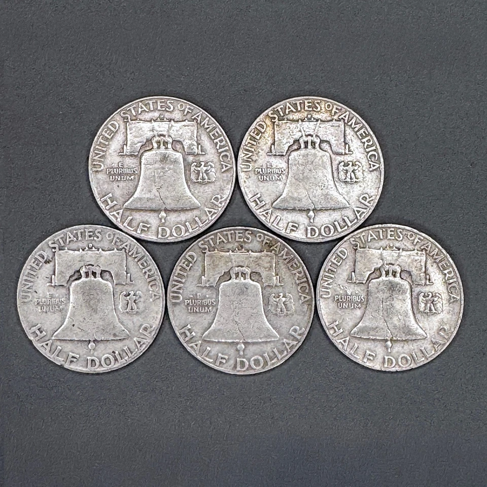 [Lot of 5] 1953 Franklin Half Dollar Coins - 90% Silver - Circulated US Coins - Image 3 of 4