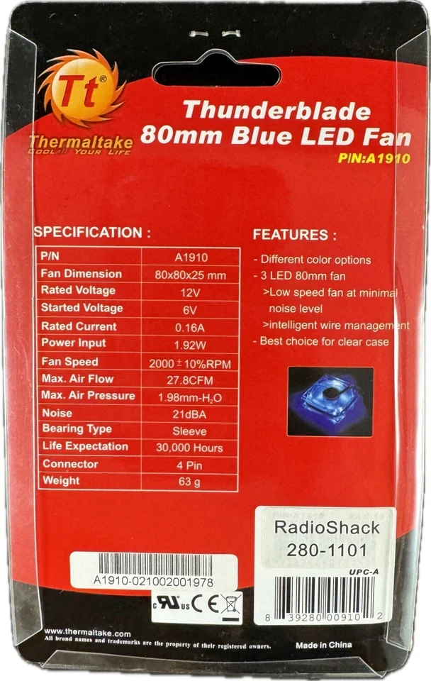 Thermaltake Thunderblade 80mm Blue LED Fan Computer Case Fan #A1908 - Image 2 of 3
