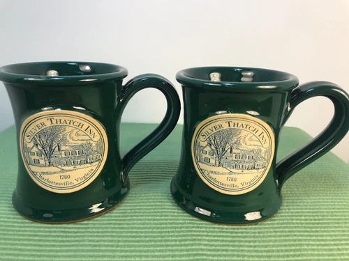 A Pair (2) Silver Thatch Inn Charlottesville Coffee Mugs Deneen Pottery Vintage