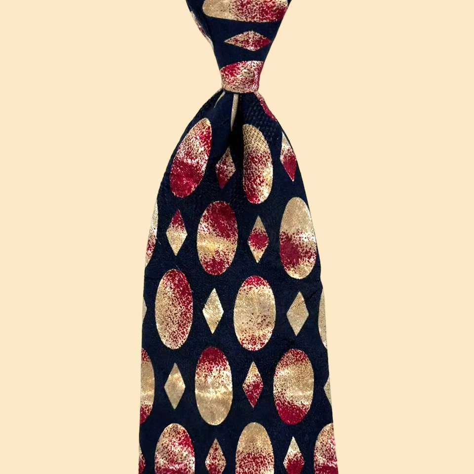 Gravata preta Trussardi - Diamantes ovais vermelhos e dourados geométricos vintage seda Itália gravata - Imagem 3 de 4