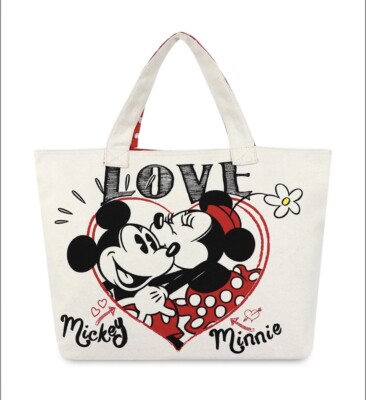 Disney Large Canvas Hearts Lined Minnie Mickey Mouse Love You Forever Tote Bag