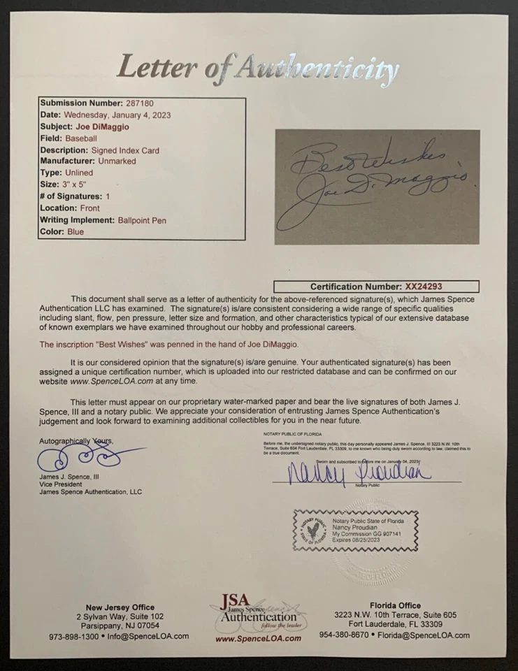 Joe DiMaggio Yankees (d.1999) Signed 3x5 Index Card Certified Autograph JSA LOA - Image 3 of 4