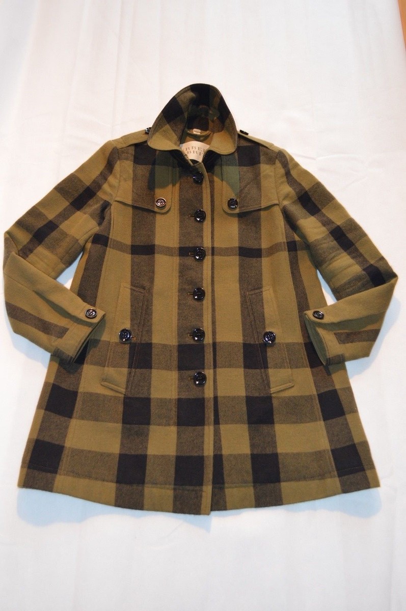 Burberry Green Nova Check Wool Button / Zip Trench Coat Jacket