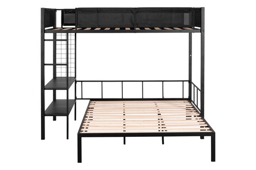 Modern Metal Twin over Full Bunk Bed Frame Wooden Slat with Shelves Black NEW - Picture 3 of 9