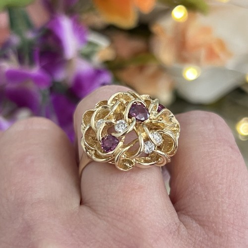 14k Yellow Gold Vintage Ladies Natural Ruby Diamond Cluster Cocktail Ring 7.75 - Picture 10 of 11