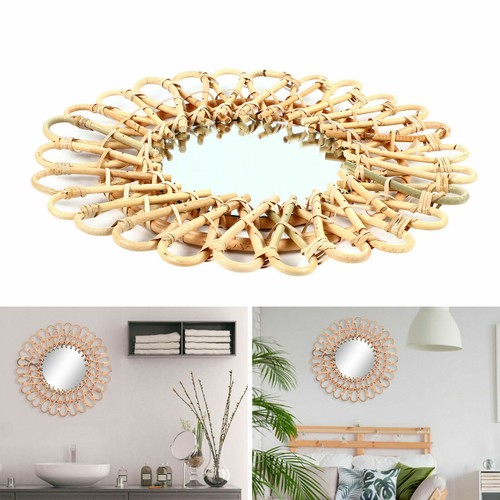 Vintage Handwoven Round Natural Rattan Wall Hanging Mirror For Home Decor