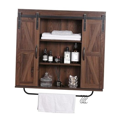 Rustic Wood Wall Storage Cabinet with Two Sliding Barn Door, 3 Dark Walnut